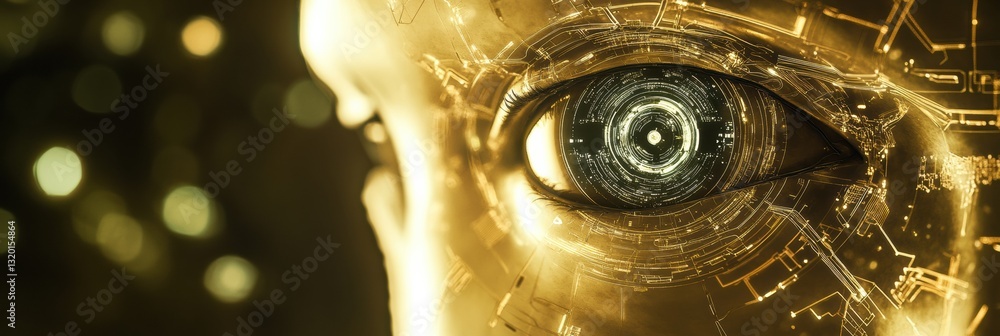 Aufkleber Shield featuring cybernetic patterns and a robotic eye representing artificial intelligence in cybersecurity with text space