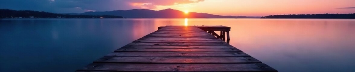 Obraz premium Wooden pier at dusk, soft light illuminating the planks, sunset, photography, image