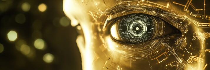 Shield featuring cybernetic patterns and a robotic eye representing artificial intelligence in cybersecurity with text space