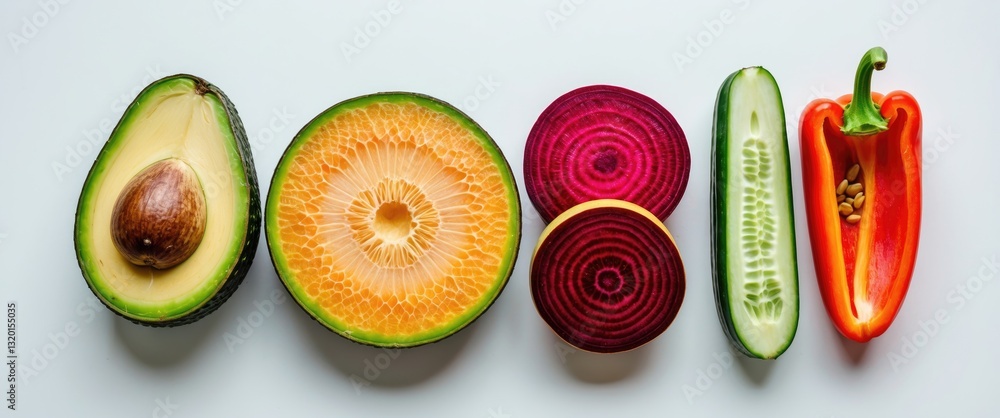 Poster fresh vegetable slices. cut in half, various vegetables arranged in a row isolated on a white backgr