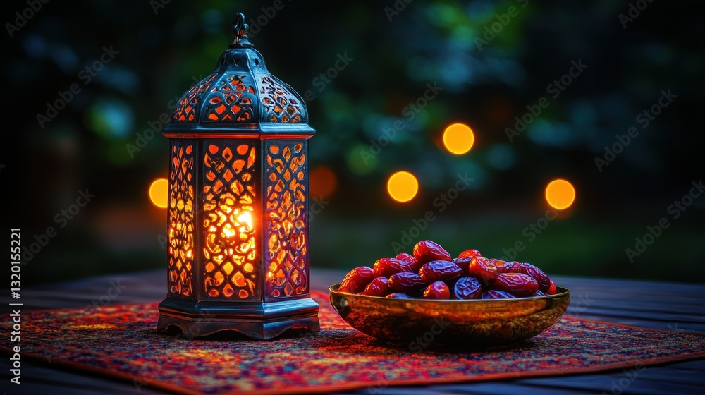 Poster illuminated lantern and dates on a table at night