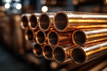 Close Up of Polished Copper Tubing in Industrial Warehouse Storage
