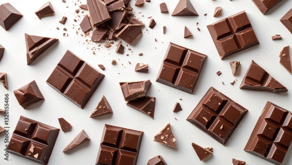 Poster levitating milk chocolate pieces set against a backdrop. exploding broken chocolate bar fragments an