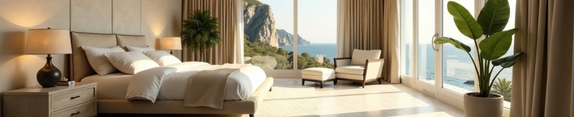 Fototapeta premium Luxurious master suite, calming neutral tones, space, painting, home