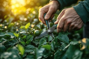 Trimming a Lush Green Bush with Vintage Garden Shears by Female Gardener in Domestic Garden on Sunny Afternoon