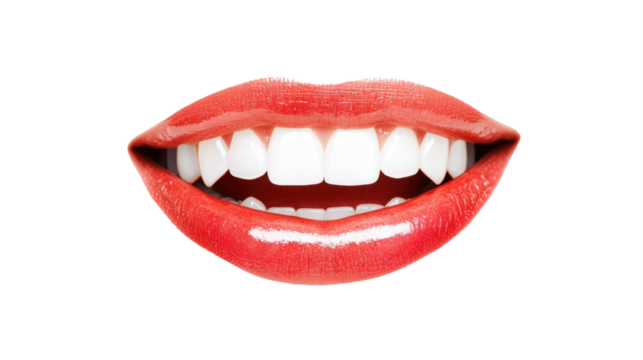 A vibrant pair of lips displaying a wide, bright smile with perfect white teeth.
