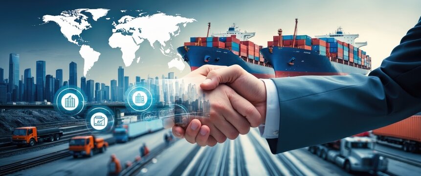 International business logistics transportation collaboration idea, double exposure of handshake partnership import export delivery backdrop and modern futuristic of container cargo freight ship truck
