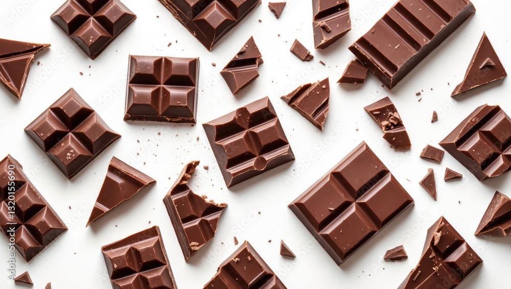 Poster levitating milk chocolate chunks floating on a surface. broken pieces of chocolate bar and cocoa cru