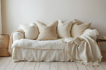 Beige sofa with beige pillows and a blanket in a boho-style interior of a modern living room, home decor for the winter or autumn season. Home decoration concept