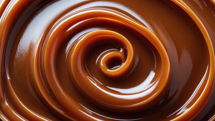 Liquid caramel syrup. Background of caramel paste. Swirl of caramel. Texture close-up, top view. Cream.