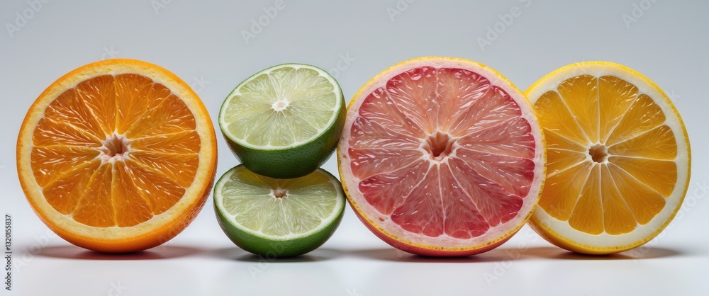 Poster fresh citrus segments. sliced fruits displayed in a row against a white background with clipping pat