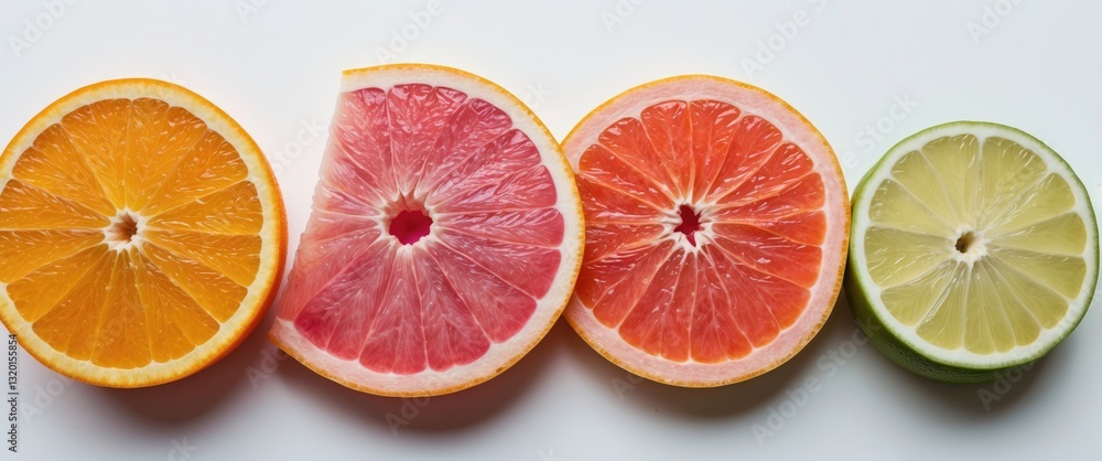 Poster isolated citrus fruit segments. fresh fruits sliced in half arranged in a row on a white background 