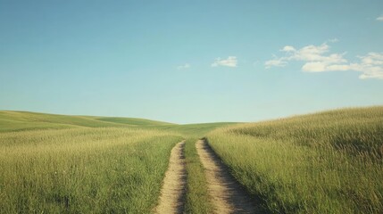 Fototapeta premium Path through golden grass hills under a pastel summer sky, a serene journey