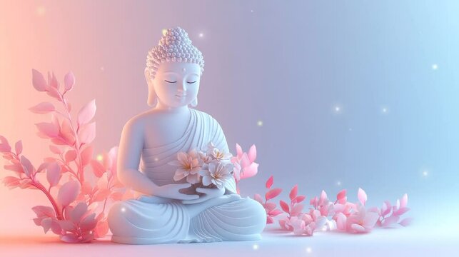 Buddha statue sitting with lotus flowers, and gradient background, Wesak day celebration background