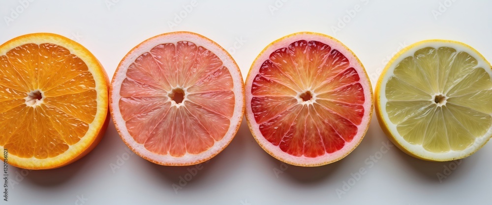 Poster fresh citrus slices arranged side by side, cut in half and isolated on a white background with a cli