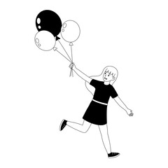 Young girl joyfully running while holding colorful balloons during a sunny day