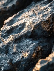 Detailed textures of rock face illuminated by golden sunlight glow