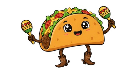 A cartoon taco with big eyes, dancing and playing Mexican maracas, wearing cowboy boots, full of fun and lively energy.