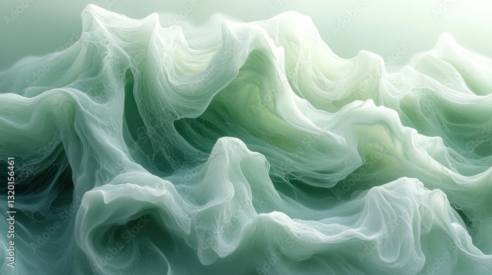 Poster abstract fluid art with green waves and soft white patterns for nature inspired minimalist backgroun