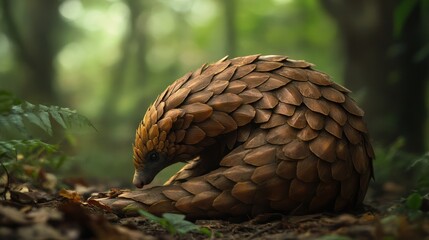 A scaly anteater, nestled low, in a lush forest