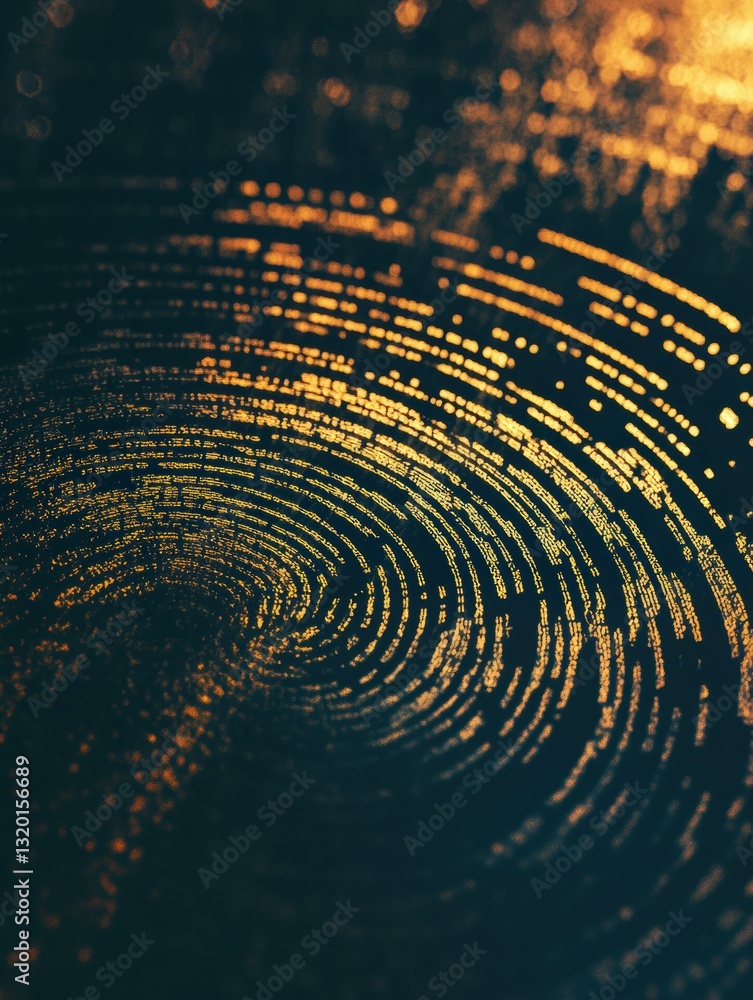 Poster digital fingerprint design with cyber elements on dark backdrop showcasing golden ratio for advertis