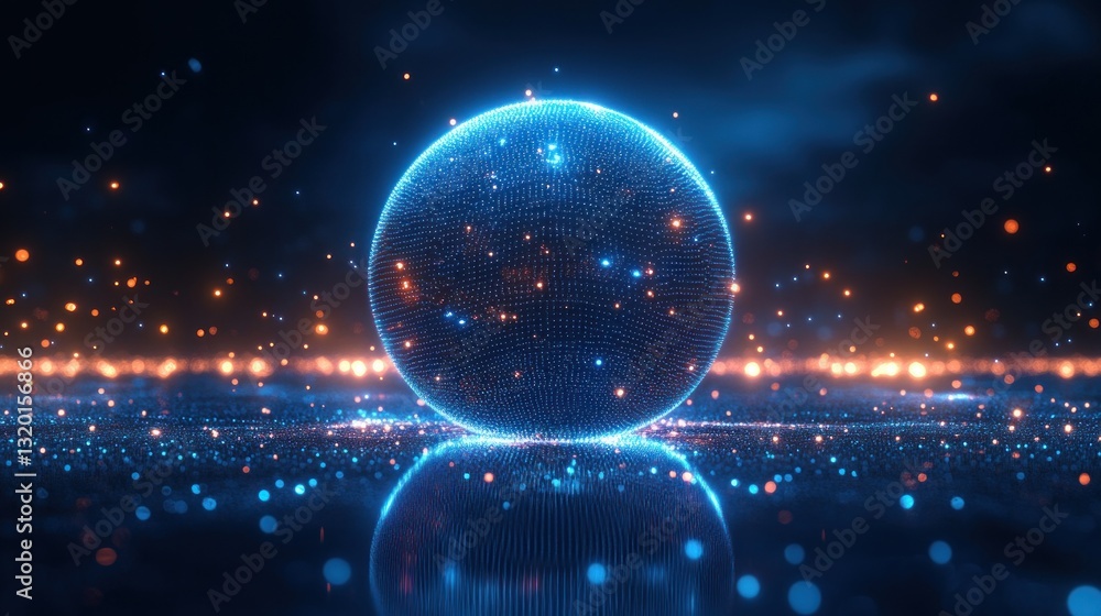 Poster glowing dotted sphere with wireframe and gradient lights in futuristic digital art