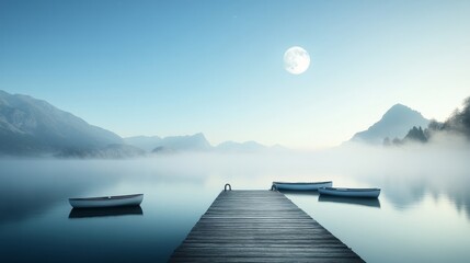 Obraz premium Serene Midnight Scene with Boats on Calm Water and Full Moon