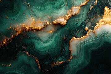Abstract Fluid Art with Emerald Green and Golden Swirls and Marble Texture