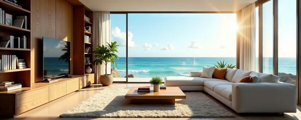 Sunlit living room, ocean backdrop, tall bookcase, premium, condo