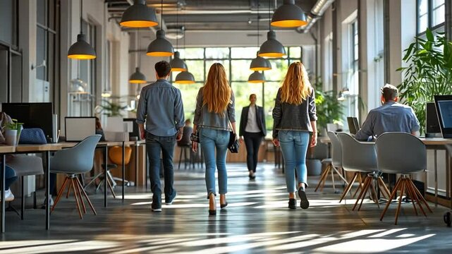 Modern Office Dynamics: Professionals navigate a sleek, contemporary office space with a natural ambiance, showcasing collaborative workstations and a dynamic work environment.