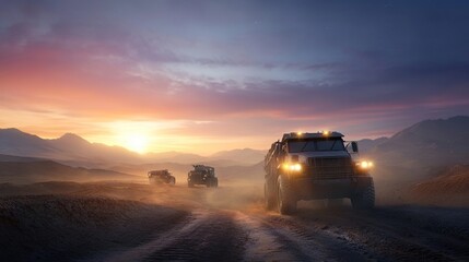 Off-Road Vehicles Driving Through Dusty Terrain at Sunset