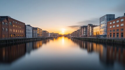 Serene Sunset Over Urban Waterway with Reflections of Buildings