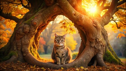 Obraz premium A Serene Tabby Cat Rests Within the Golden Embrace of an Ancient Tree's Hollow, Bathed in the Warm Glow of Autumn Sunlight