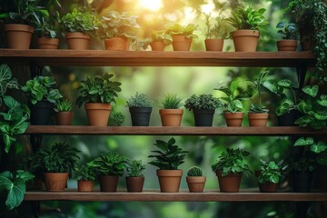 Variety of Houseplants on Wooden Shelves in Garden Center