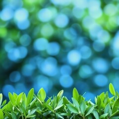 Obraz premium Lush green leaves border, bokeh background, nature scene, website banner