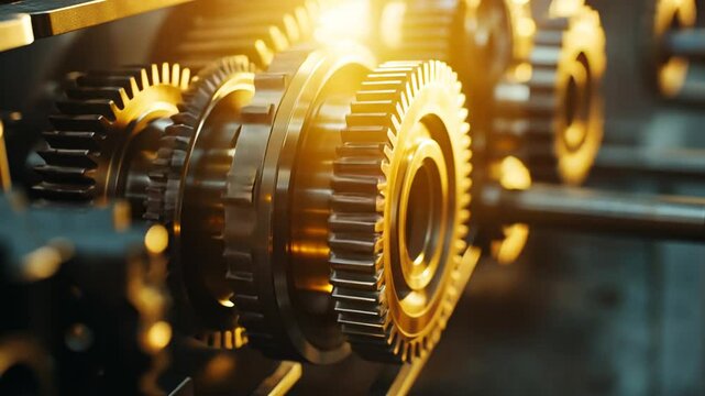 Mesmerizing close-up view of intricate gears rotating with golden light effect adding depth