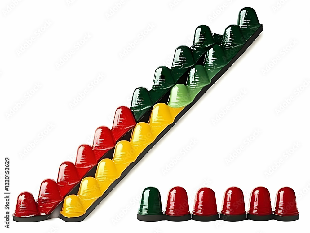Poster glossy colorful conical objects arranged in diagonal ascending pattern on black surface, illustrativ
