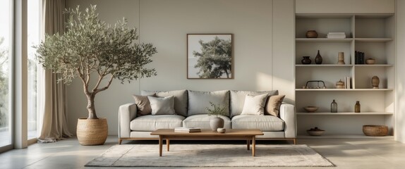 Interior of bright living room featuring a sofa, olive tree, and shelving units.