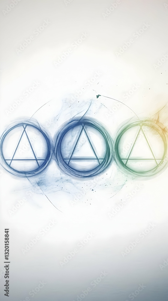 Poster abstract artistic background with three intertwined circles and triangles in pastel hues