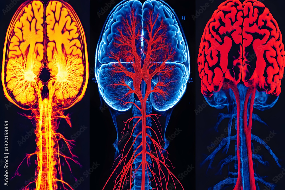 Poster tripartite medical brain scan illustration: detailed visualization of neurological anatomy with vibr