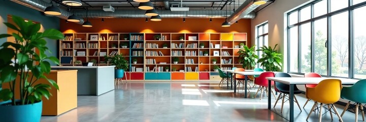 Open-plan office, colorful modular shelving, glass partition , modern design, modular shelving, sophisticated