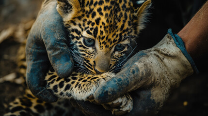 A conservationist closely examining a baby leopardâ€™s paw under soft, diffused light, their hand carefully supporting the cub's limb