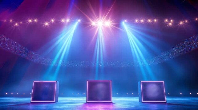  3 podiums marked with ranking and spotlight stage