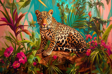 Naklejka premium A Majestic Leopard Resting on a Rock Amidst Vibrant Tropical Foliage, Painted in a Vivid, Impressionistic Style