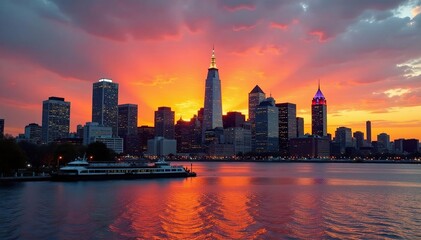 Sunrise paints Boston's Financial District & harbor skyline golden hues , architecture, travel, light
