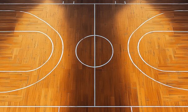 minimalist wooden basketball court digital illustration overhead view with smooth texture and clear lines - Powered by Adobe