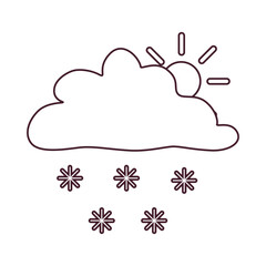 Black and white partly cloudy weather icon with sun, cloud, and snowflakes in doodle style. Simple meteorology symbol for forecasts, climate apps, educational materials, and commercial design.