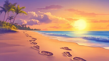 Seaside Serenity: A tranquil coastal vista unfolds, with footsteps etched in the sand leading towards the horizon, embraced by palm trees and an idyllic sunset. 