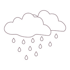 Black and white rainy weather icon with clouds and raindrops in doodle style. Simple meteorology symbol for weather forecasts, climate apps, and educational materials.