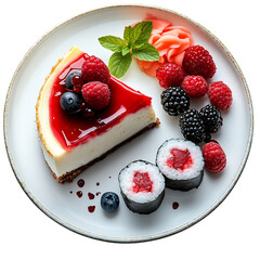 A Slice of Cheesecake Topped with Fresh Berries and a Ras Isolated on Transparent Background
